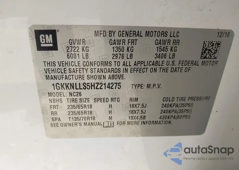 2017 GMC Acadia Sle-2 z USA, uszkodzony, nr VIN 1GKKNLLS5HZ214275
